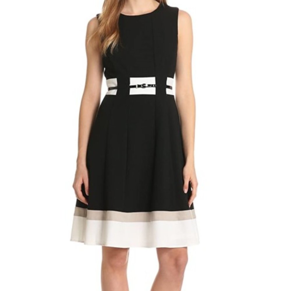 Calvin Klein black, white & taupe midi Fit & Flare dress - size 2
